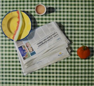 Morning News. 80cm x 80cm, oil on linen.