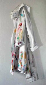 Overalls and Mask.  60cm x 100cm, oil on linen.