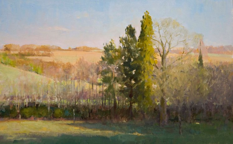 Afternoon Light on Marriage Hill.  Oil on panel, 20cmx 30cm.