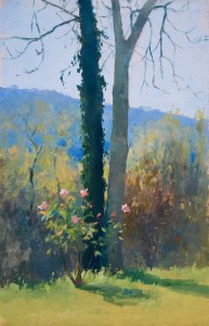 Rose Study with Trees, oil on wooden board, 20cmx 30cm.